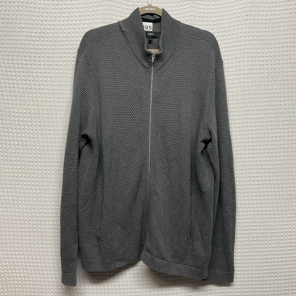 Theory Waverly Waffle Textured Mens 2XL Gray Cotton Blend Knit Full Zip Pockets